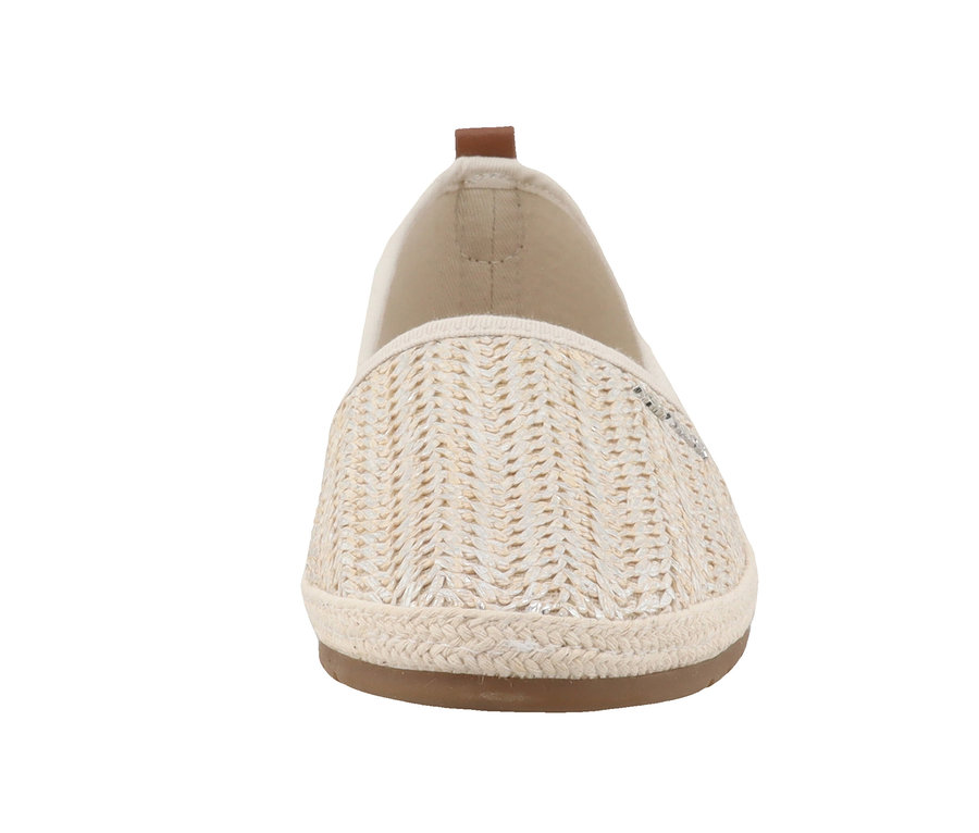 Detailaufnahme einer goldenen Tom Tailor Espadrille aus Textil.
