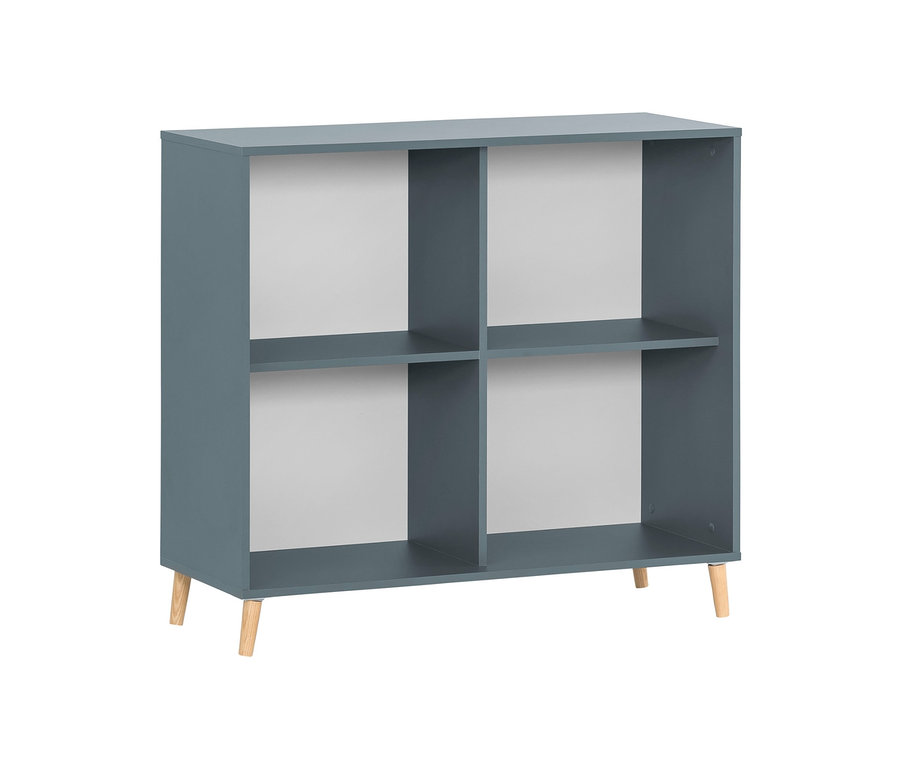 Ein blaues Regal mit vier Fächern und hellen Holzfüßen.