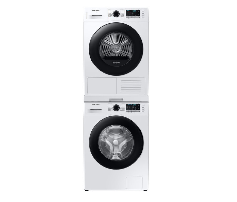 Weiße Samsung Waschmaschine und Trockner. Der Trockner befindet sich oben und die Waschmaschine unten. Zu sehen ist ein Samsung Wärmepumpentrockner DV9ETA040AE/EG, A++ (von A+++ bis D), 9 kg