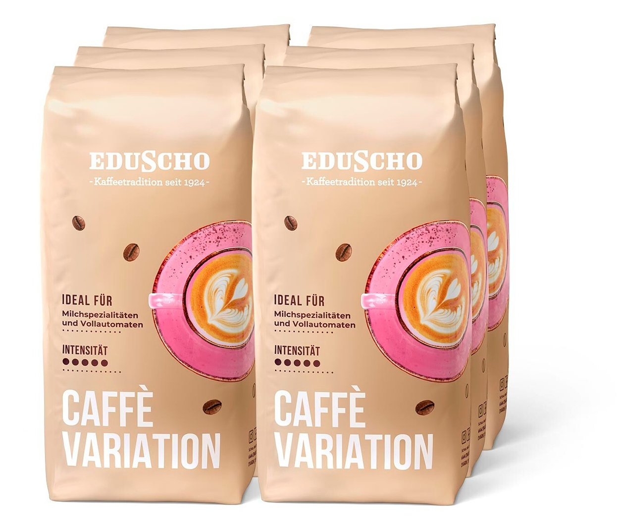 Sechs Packungen Eduscho Caffè Variation mit je 1 kg ganzen Bohnen.
