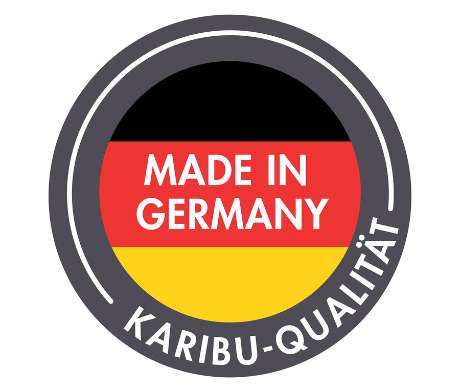 Runder Aufkleber mit deutscher Flagge und dem Text Made in Germany Karibu-Qualität.