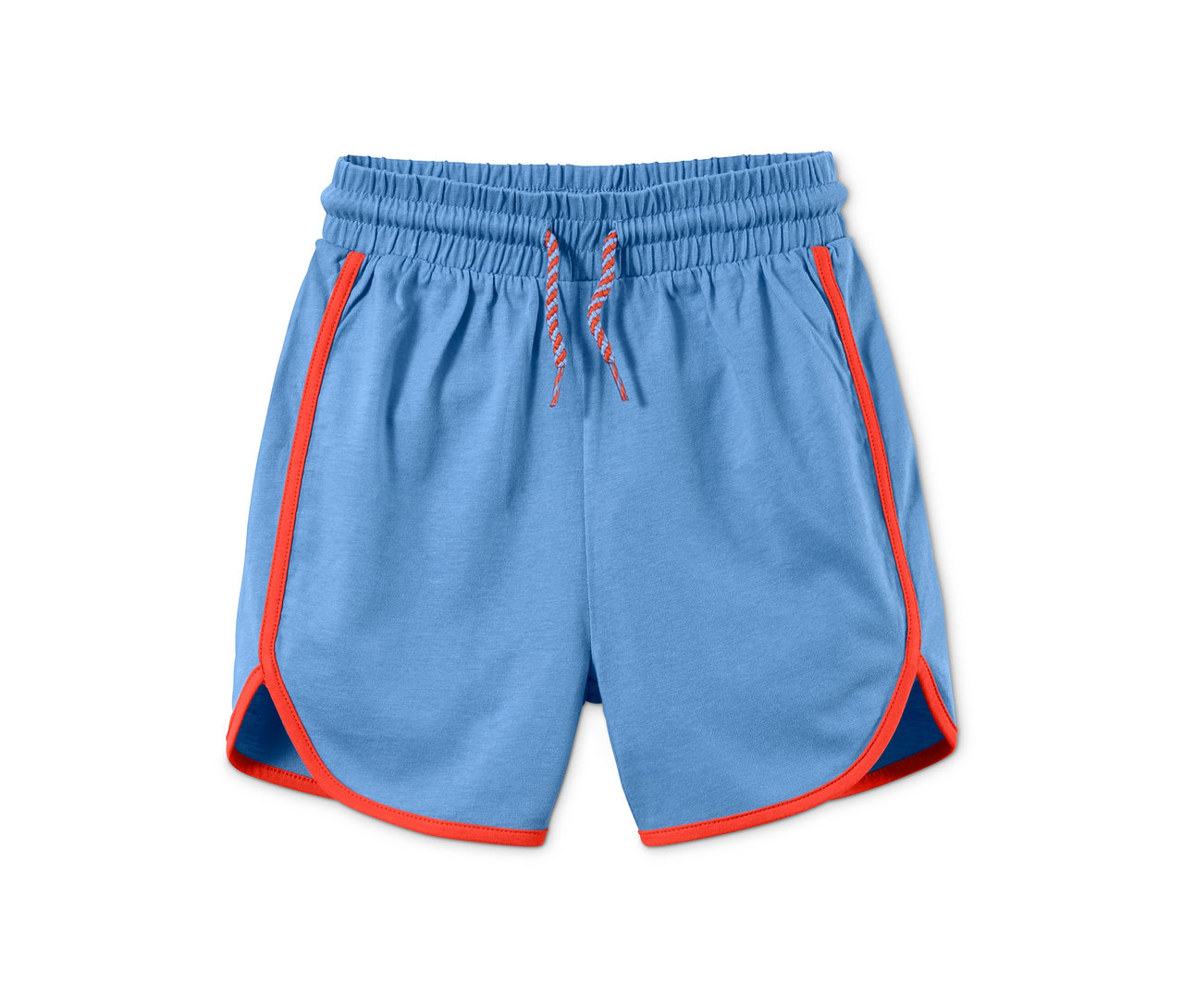Blaue Shorty-Pyjama mit orangefarbenen Paspeln.