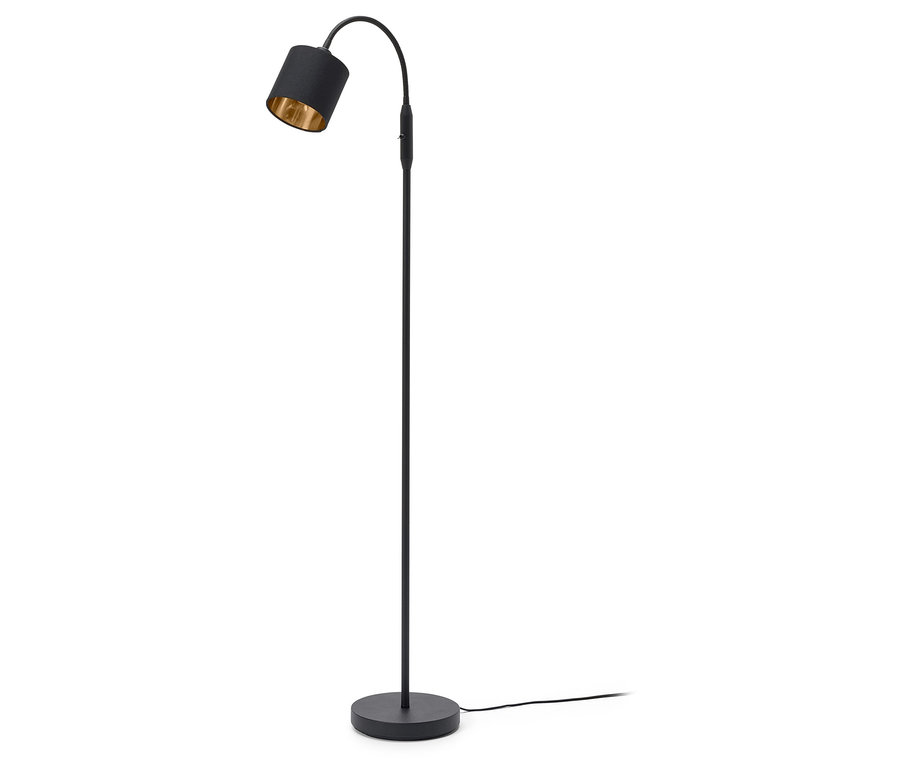 Schwarze Stehlampe mit flexiblem Arm und goldener Innenseite des Lampenschirms.