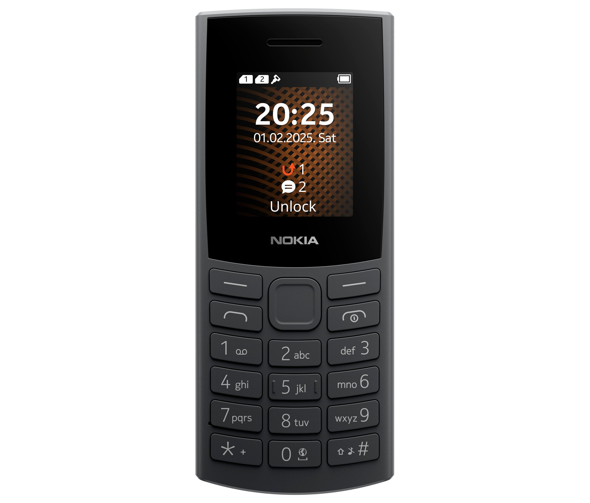 Vorderansicht eines Nokia 105 4G 2nd Edition Handys in Anthrazit.