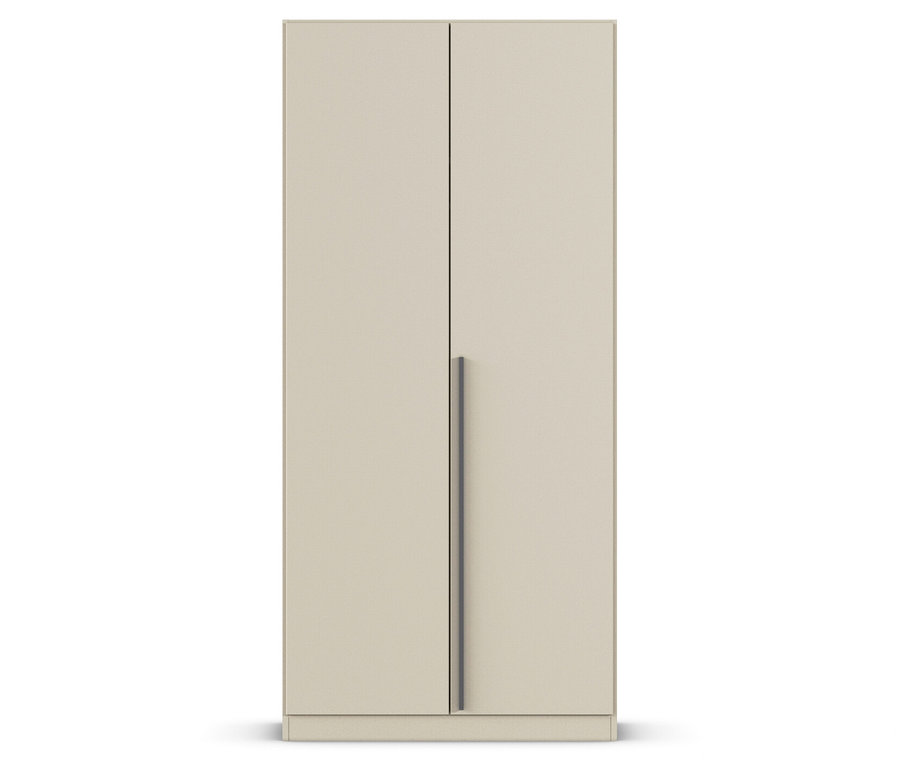 Beiger, zweitüriger Schrank auf weißem Hintergrund.