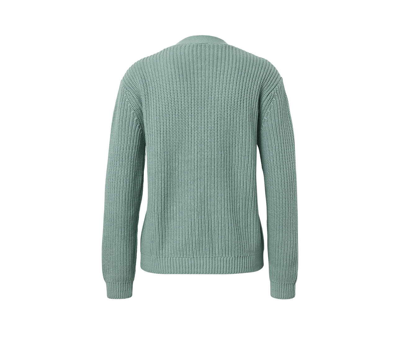 Rückansicht eines grob gestrickten Cardigans in Salbei.
