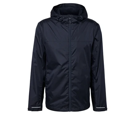 Dunkelblaue Jacke mit Kapuze und Reißverschluss in der Mitte.