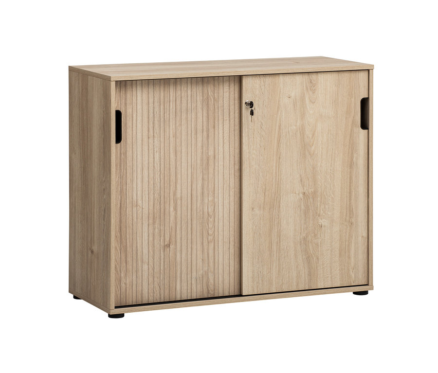 Ein Aktenschrank »Emmik« in Weißeiche gestreift mit Schiebetüren.