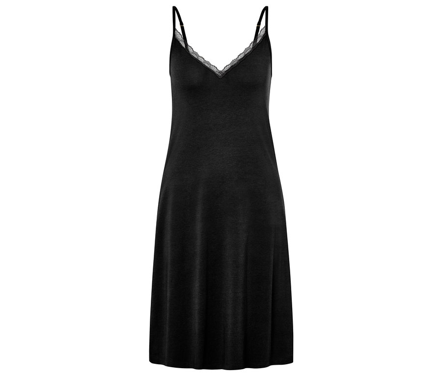 Schwarzes Nachthemd mit Spitze am Ausschnitt und dünnen Trägern.