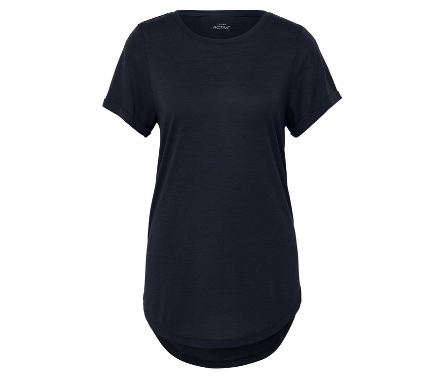 Schwarzes Kurzarm-T-Shirt mit Rundhalsausschnitt.