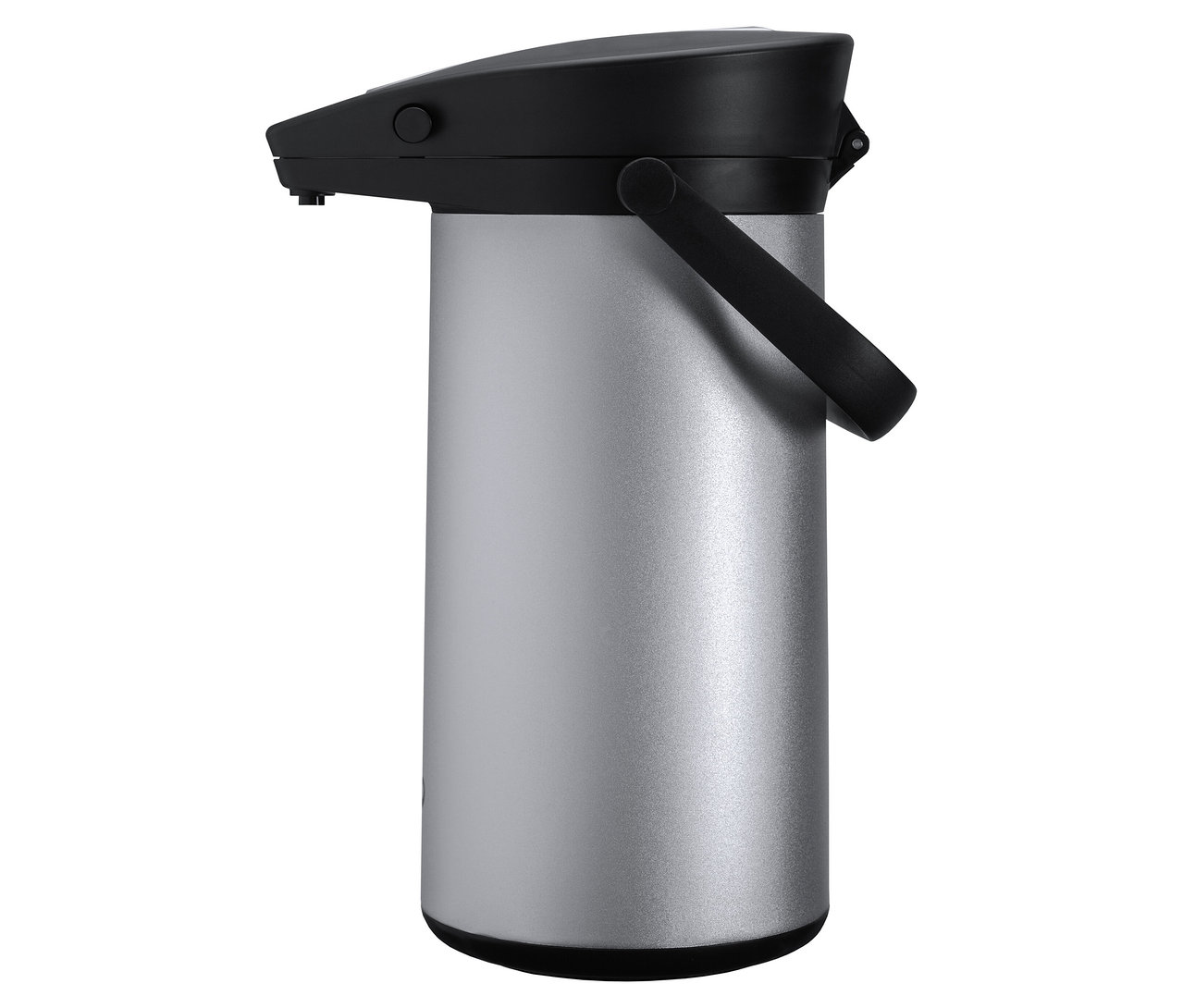 Filbii 2L Thermoskanne silber Tchibo mit schwarzem Deckel und Griff.