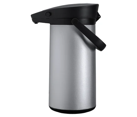 Filbii 2L Thermoskanne silber Tchibo mit schwarzem Deckel und Griff.