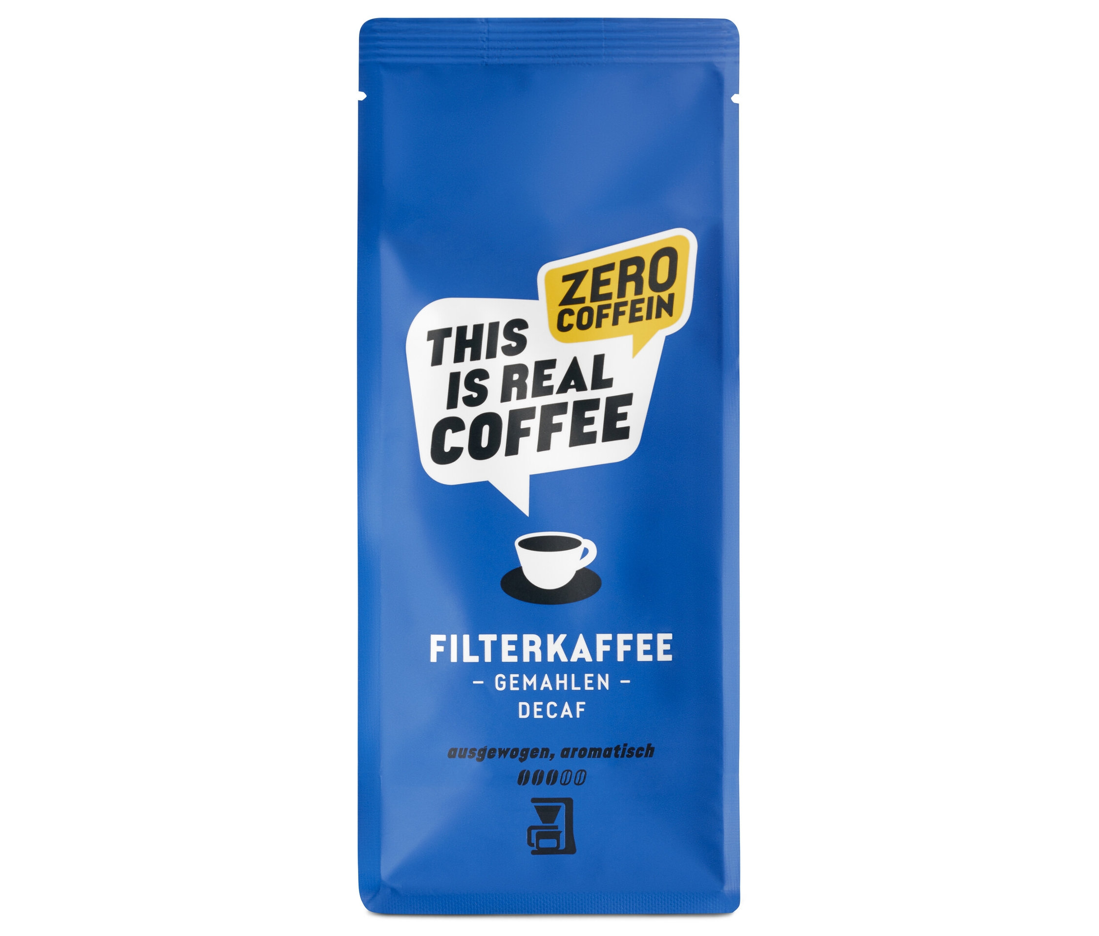 Blaue Packung gemahlener, entkoffeinierter Filterkaffee.