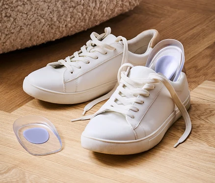 Zwei weiße Turnschuhe mit weißen Schnürsenkeln auf einem Holzboden mit einer Gelsohle.