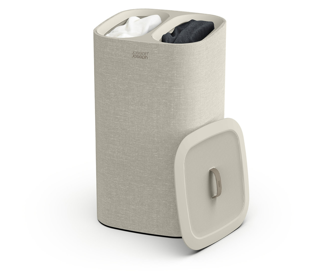 Ein beiger Joseph Joseph »Tota«, 60 l Wäschekorb mit Deckel und zwei Fächern für helle und dunkle Wäsche.