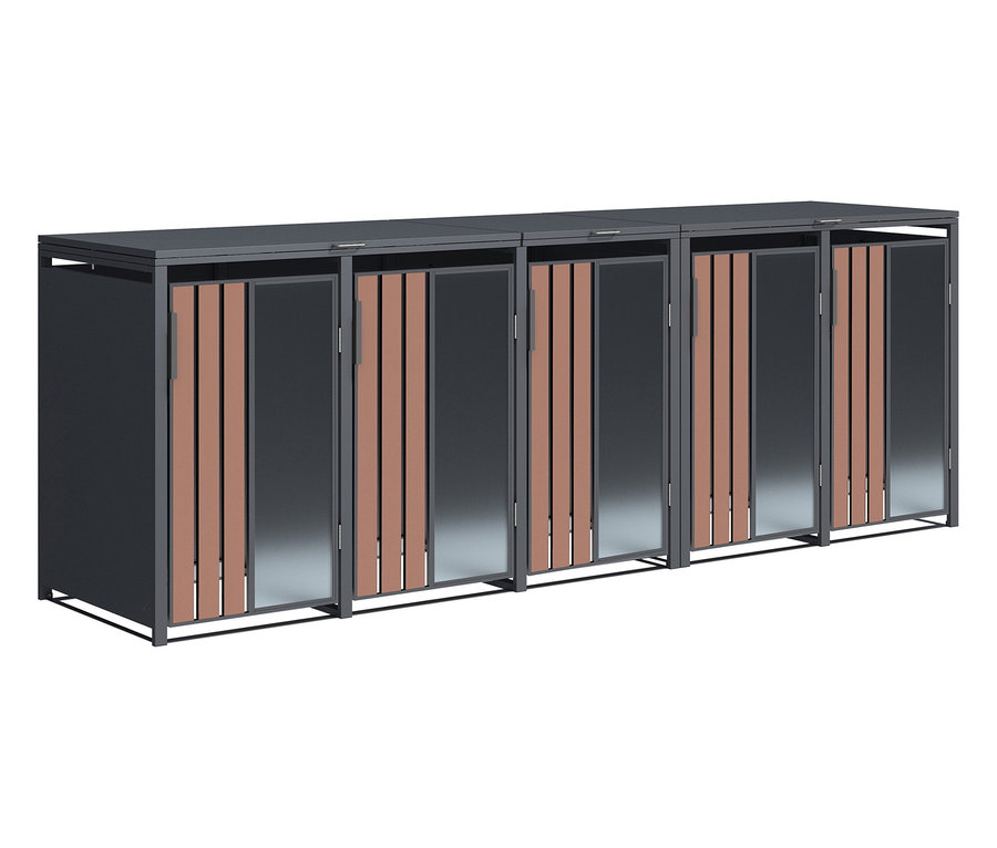 Eine Mülltonnenbox in Holzoptik für 5 Tonnen.