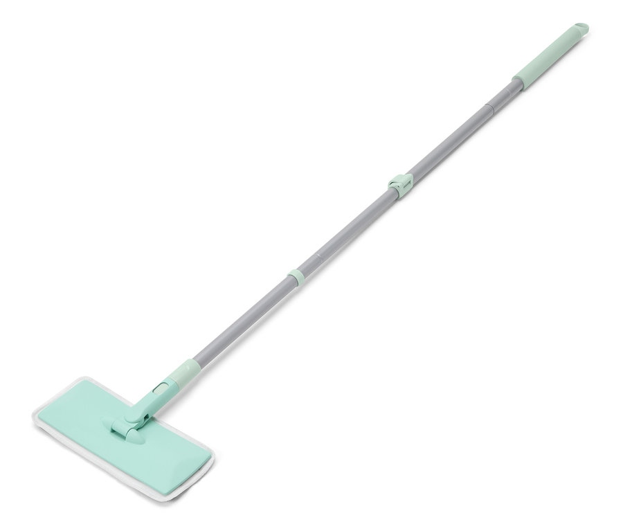 Mopp mit Teleskopstange und hellblauem Reinigungskopf auf weißem Hintergrund.