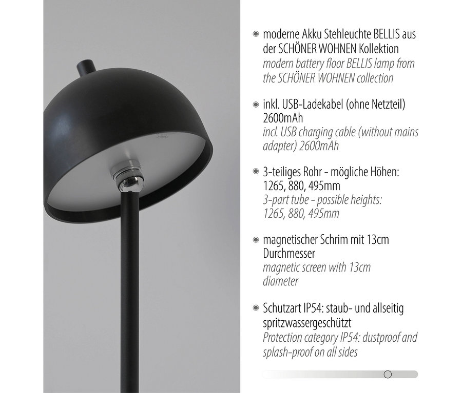 Nahaufnahme der SCHÖNER WOHNEN-Kollektion Akku-Stehleuchte »Bellis« in Sandbrise, die einen magnetischen Schirm mit 13 cm Durchmesser zeigt.