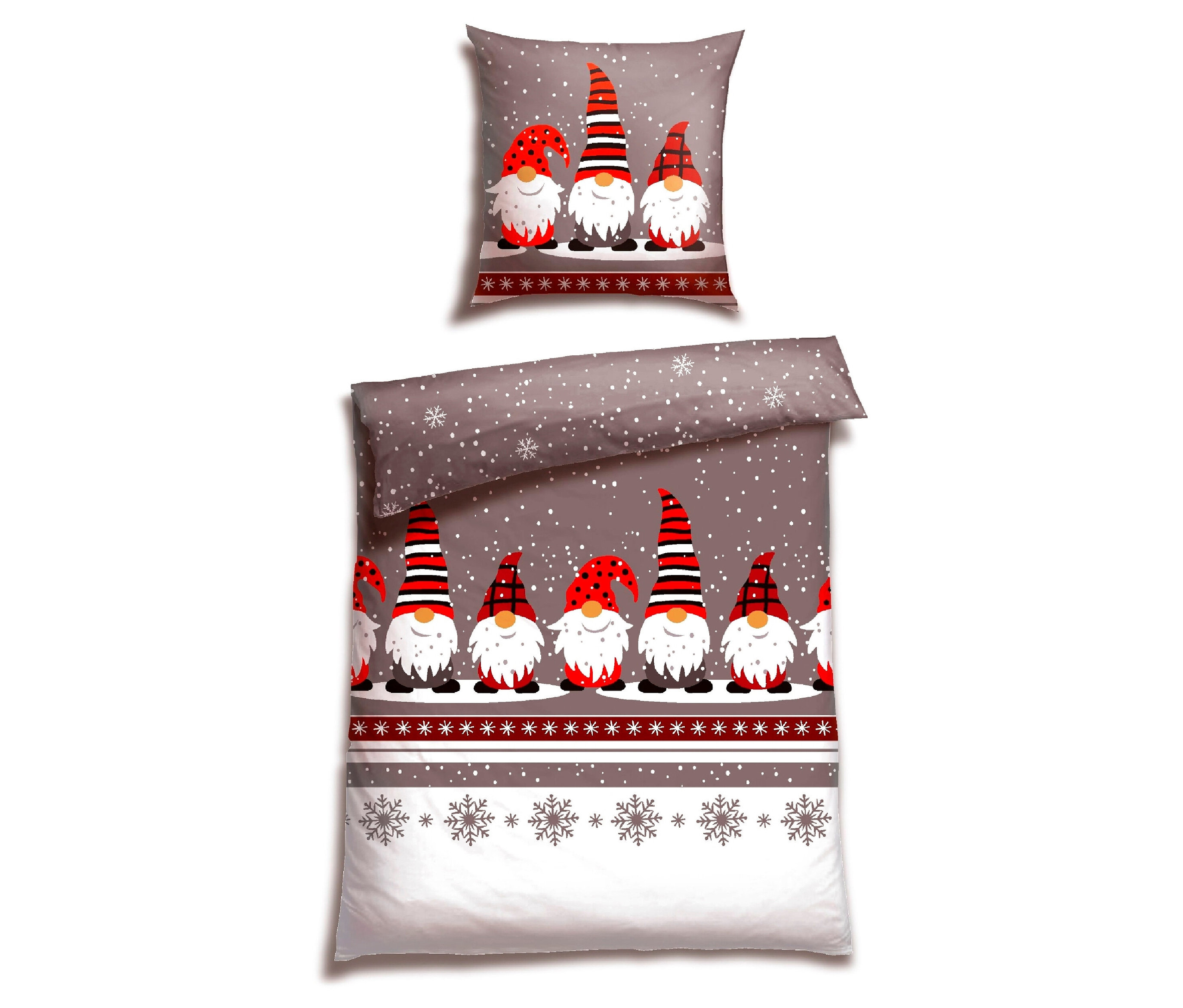 Bettwäsche-Set mit Wichtelmotiven und Schneeflocken auf grauem Grund.