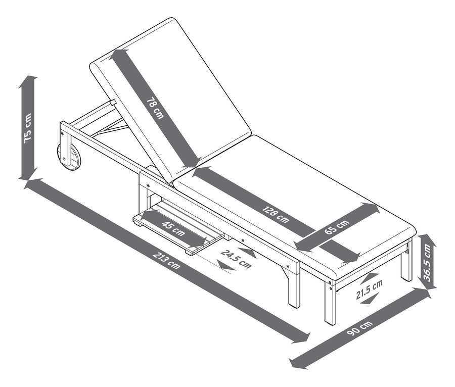 Abbildung einer Sonnenliege mit Maßangaben.