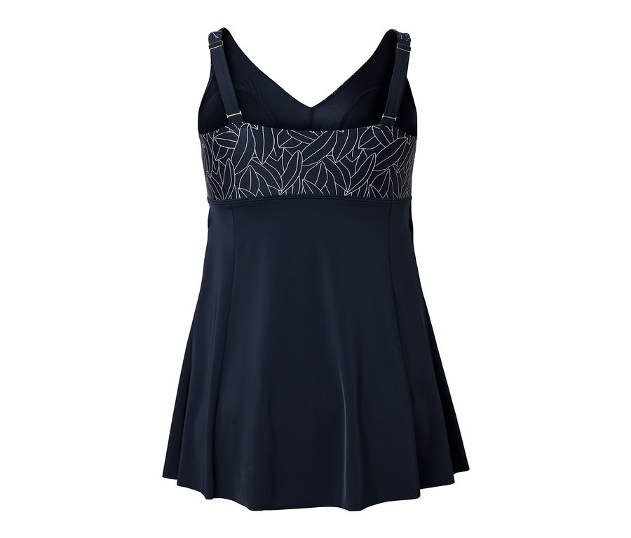 Detailansicht von hinten eines Badekleids mit einem weißen Blattmuster auf dem Oberteil.