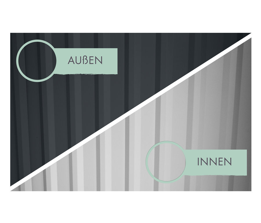 Illustration der Aussen- und Innenausstattung eines Karibu Metall-Gerätehauses.