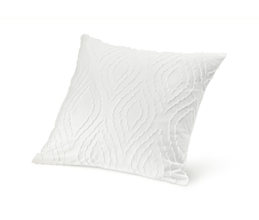 Ein weißer Dekokissenbezug mit einem texturierten Muster.