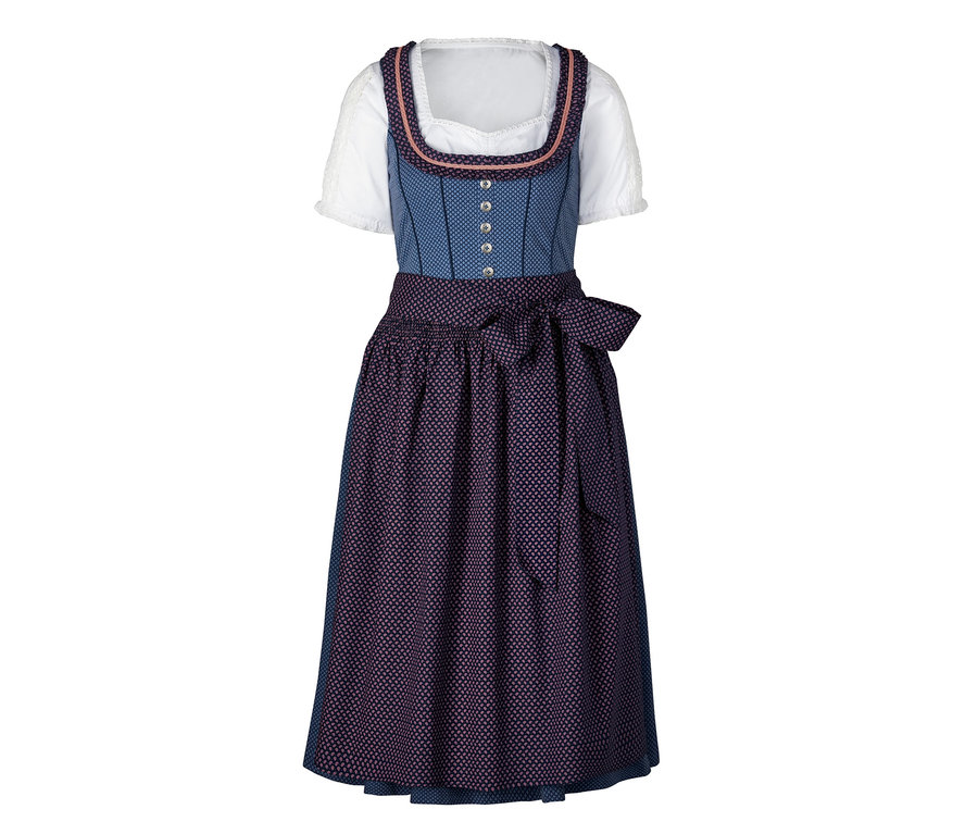 Blaues Stretch-Dirndl mit weißer Bluse.