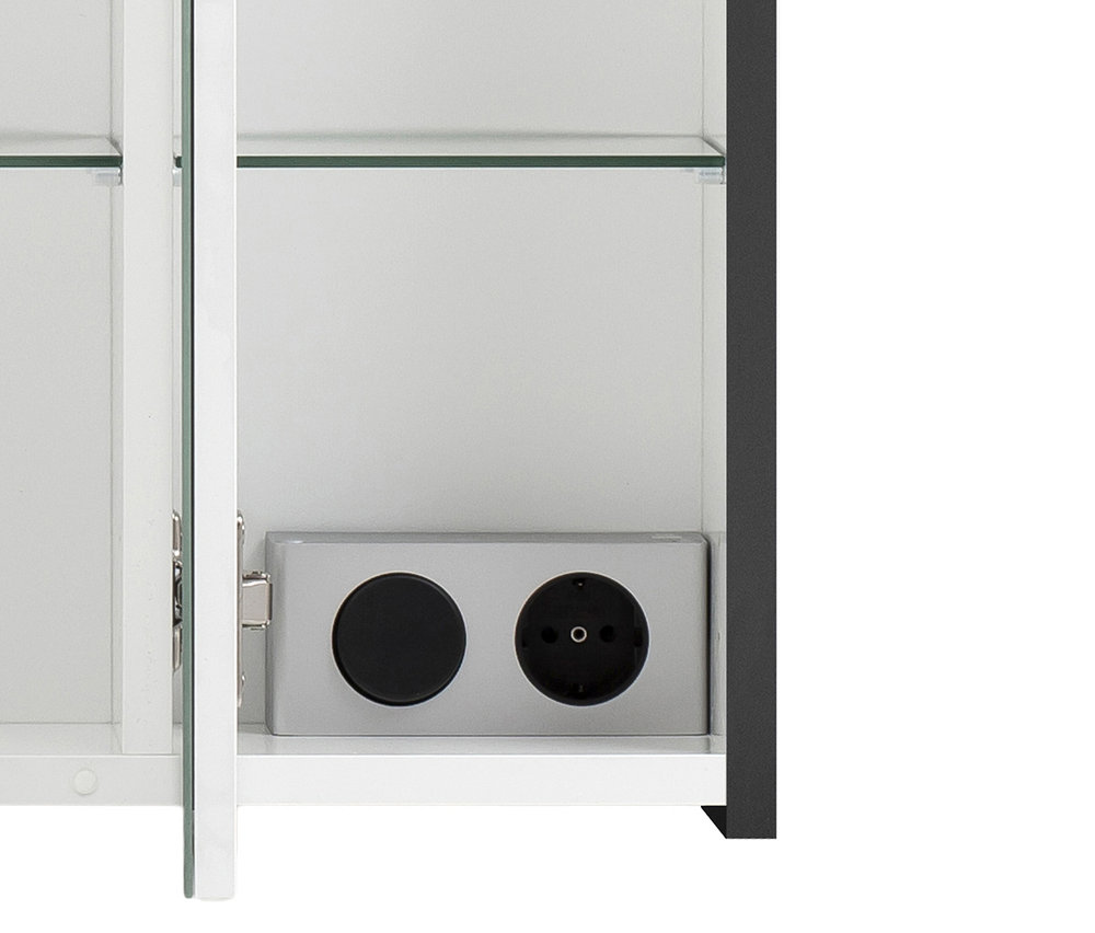 Offener, anthrazitfarbener Spiegelschrank »Sander« mit Steckdosen.