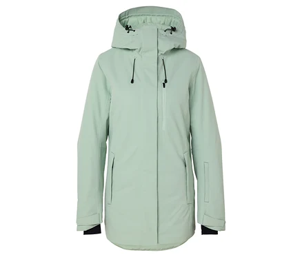 Hellgrüne Skijacke mit Kapuze, Taschen und Reißverschluss.