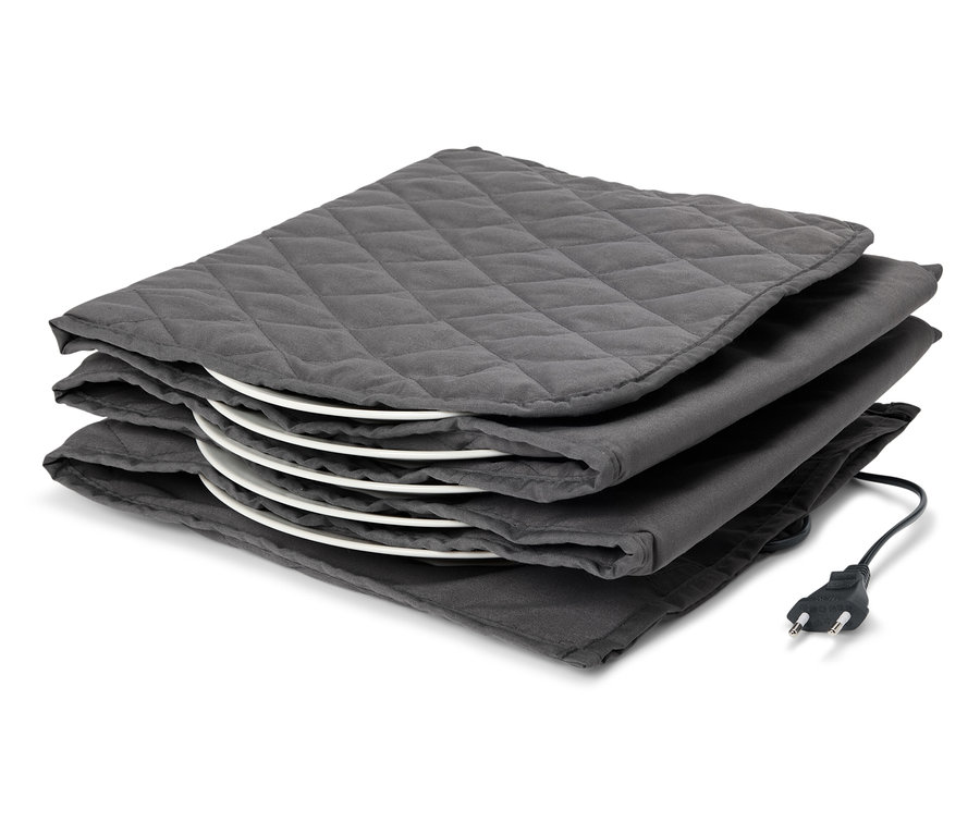 Grauer elektrischer Tellerwärmer mit weißen Tellern innen und einem elektrischen Stecker.