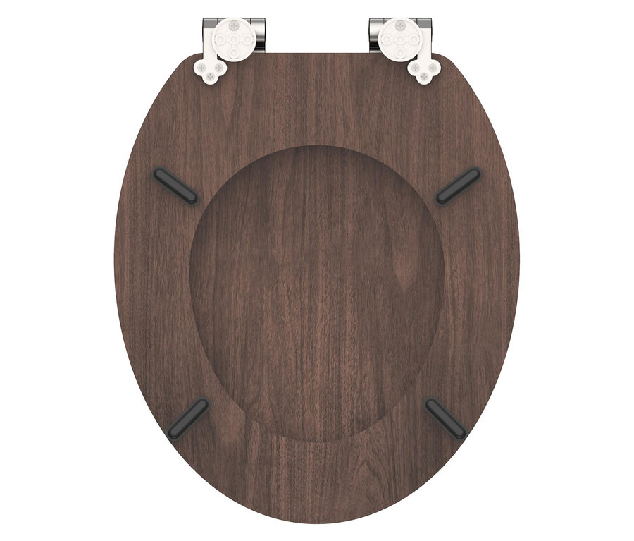 Ein brauner Toilettensitz aus Holz mit Chromscharnieren und schwarzen Stoßdämpfern.