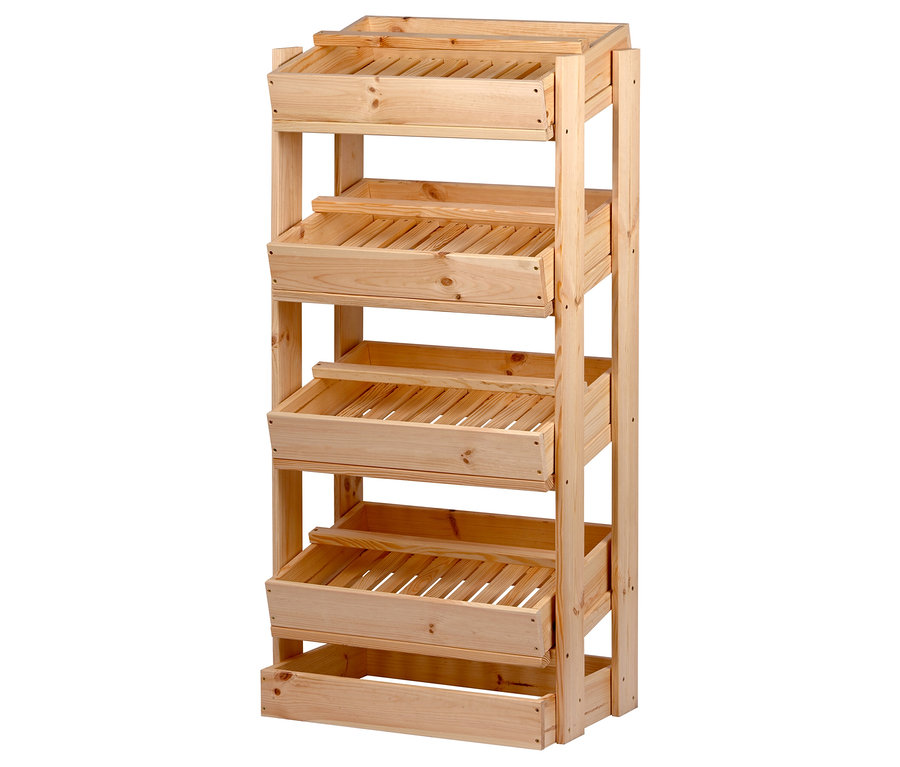 Ein hölzernes Vorratsregal mit vier Ablagen.