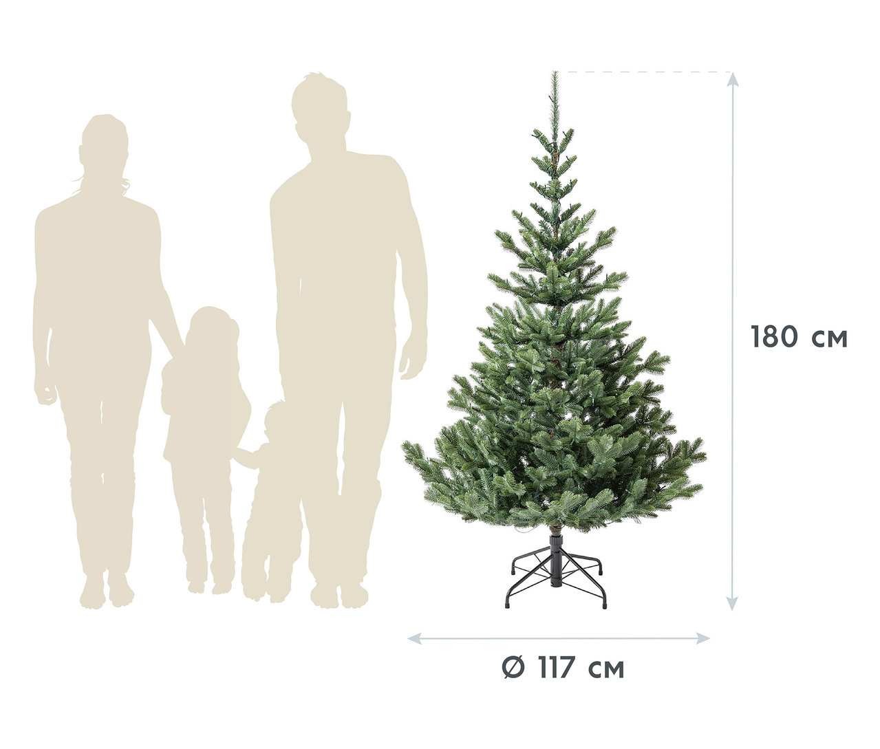 Silhouette einer Familie steht neben einem künstlichen Weihnachtsbaum "Nobilis M+" mit LED-Lichterkette, 180 cm hoch.