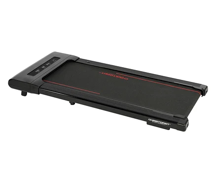 Schwarzes Walking-Pad »4.1« mit roter Linie auf dem Laufband, seitlich fotografiert.