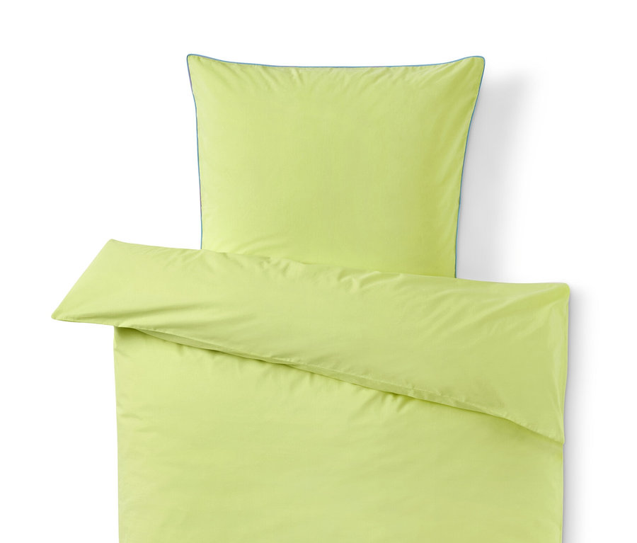 Gelbe Renforcé-Bettwäsche in Normalgröße, bestehend aus Kissen- und Deckenbezug.