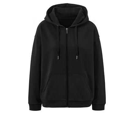 Schwarzer Hoodie mit Reißverschluss in der Mitte.