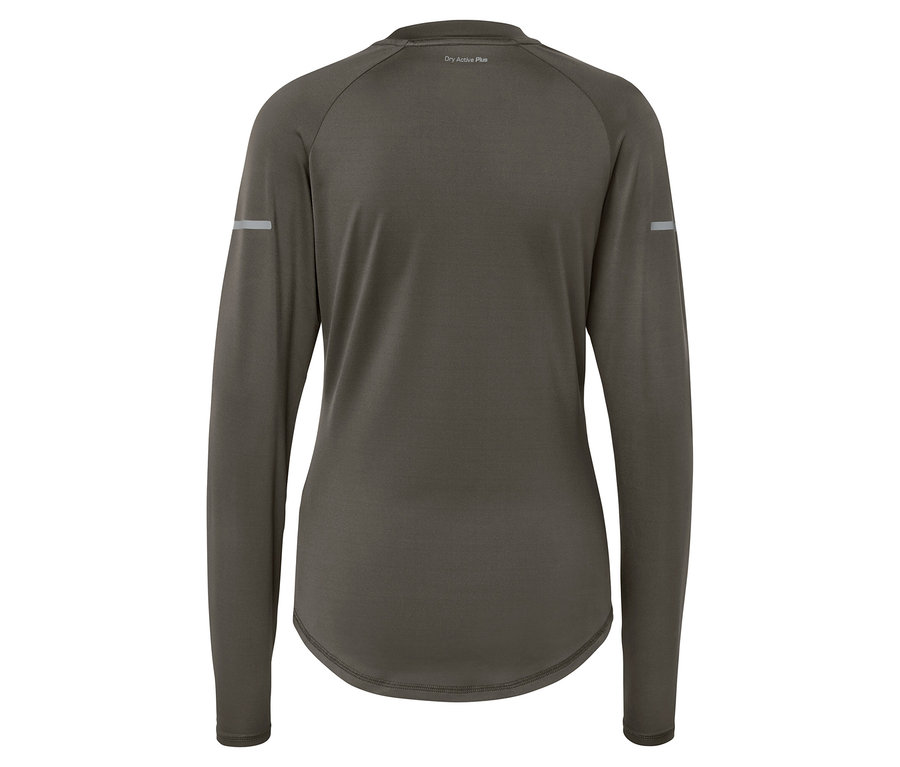 Rückansicht eines olivgrünen Langarmshirts mit reflektierenden Streifen an den Ärmeln.