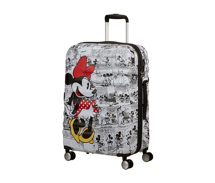 Ein mittelgroßer American Tourister Wavebreaker »Minnie Mouse« Koffer mit Comic-Mickey-Mouse-Aufdruck, ausziehbarem Griff und vier Rädern.