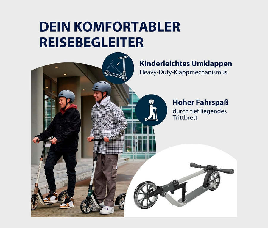 Zwei Jungen auf grau-weißen HUDORA BigWheel® 205 advanced Rollern.