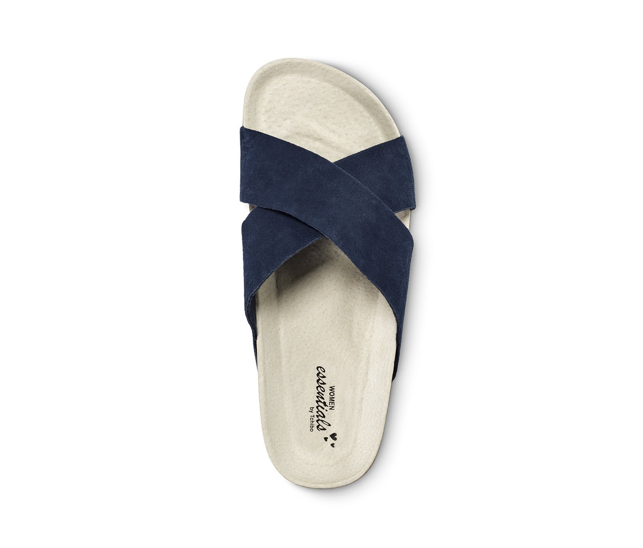 Draufsicht einer Komfortsandale mit gekreuzten, dunkelblauen Riemen auf einer cremefarbenen Sohle.