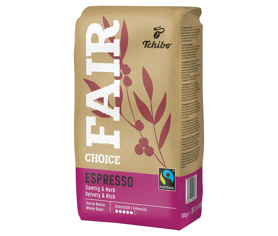 Eine Packung Fair Choice Espresso Ganze Bohne von Tchibo.