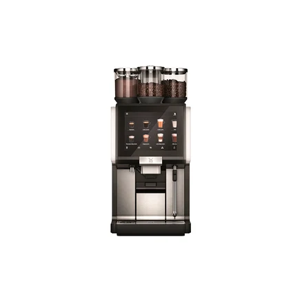 Ein Kaffeevollautomat mit Touchscreen und drei Behältern für Kaffeebohnen oben.