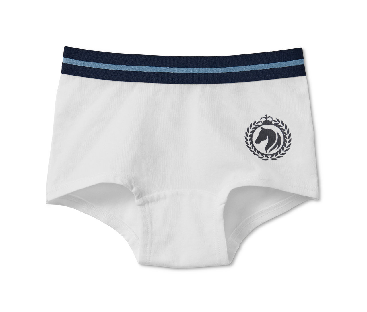 Weiße 7 Pantys aus Bio-Baumwolle mit dunkelblauem Streifen am Bund und Pferdekopf-Print.