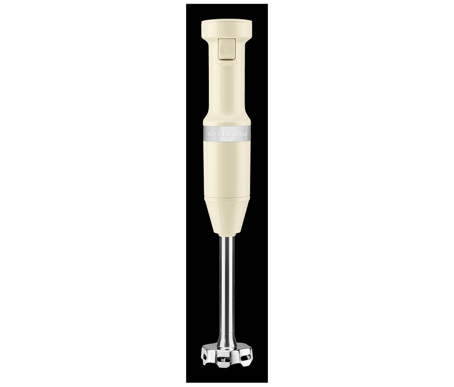 Cremefarbener Stabmixer mit Edelstahlfuß.