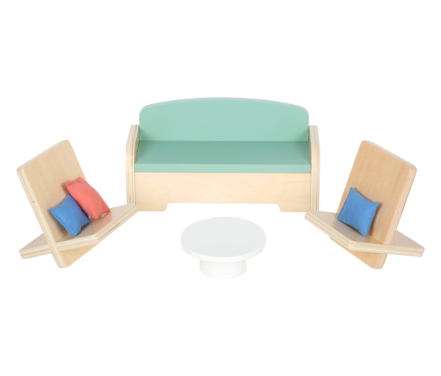 Puppenhaus »Traumvilla XL« Interieur: Helles Holzsofa mit mintfarbener Sitzfläche, zwei Stühle mit Kissen und ein runder Tisch.
