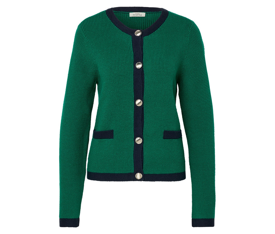 Grüner Cardigan aus Strukturstrick mit marineblauen Akzenten und silbernen Knöpfen.