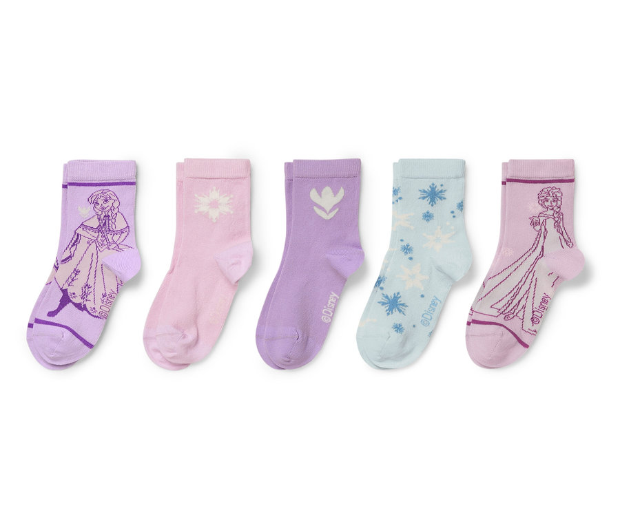 Fünf Paar Kinder Socken mit Motiven aus Die Eiskönigin in den Farben Lila, Rosa und Blau.