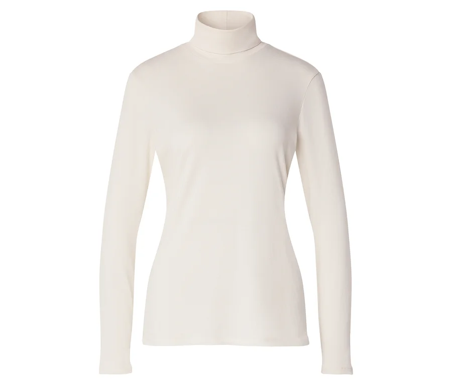 Cremeweißes, langärmeliges Rollkragenshirt.