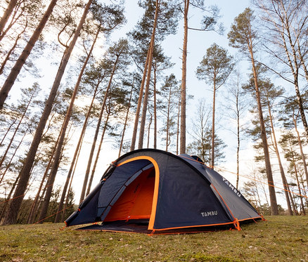 Auf einer Wiese im Wald steht ein blaues Tambu »HAIKA 4« 4-Personen-Kuppelzelt.